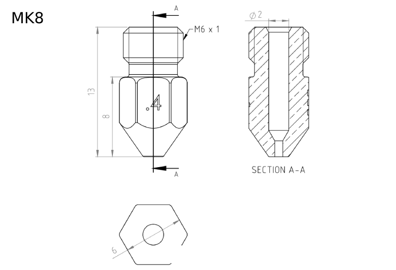 Technical drawings of v6, MK8, and Volcano nozzles (from top to bottom)