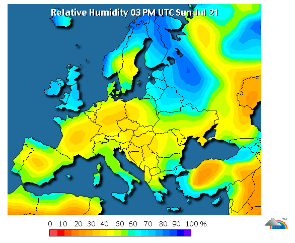 Mapa da humidade relativa da Europa