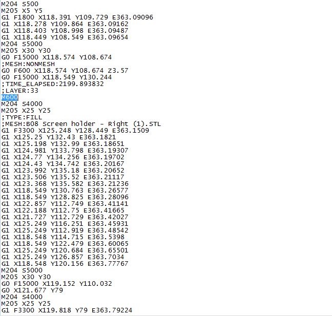 GCode with M600 stop