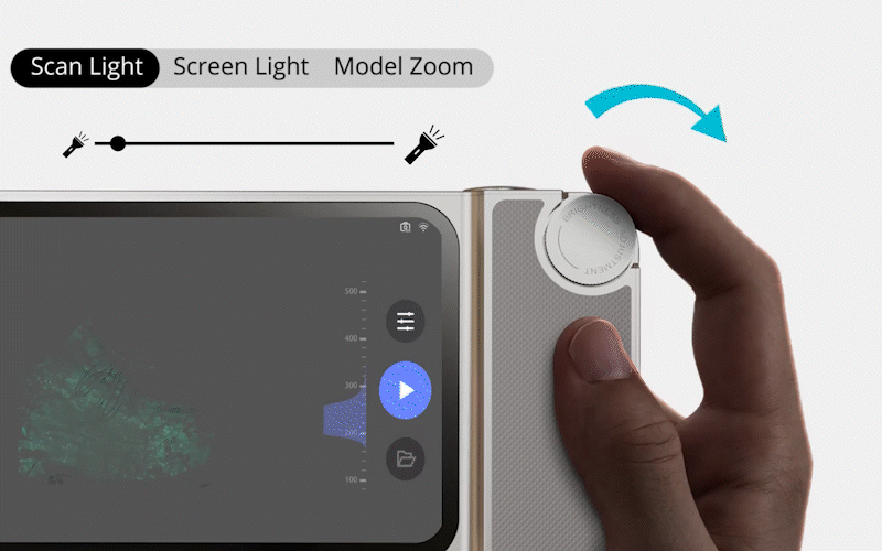 Das mehrstufige Einstellrad ermöglicht eine sanfte und präzise Anpassung von Parametern, Modi und Zoom und bietet ein intuitives und professionelles 3D-Scan-Erlebnis.