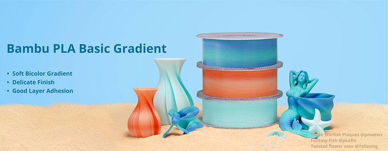 Il PLA Basic Gradient offre una sfumatura delicata, con una finitura fine e una buona adesione tra gli strati.