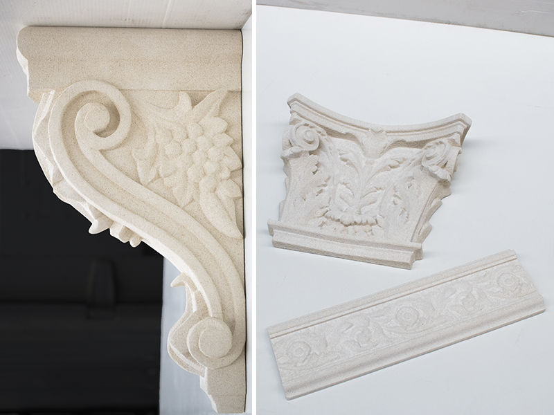 Elementos arquitetônicos impressos em 3D em calcário (esquerda) e mármore (direita) na impressora Elephant Gray