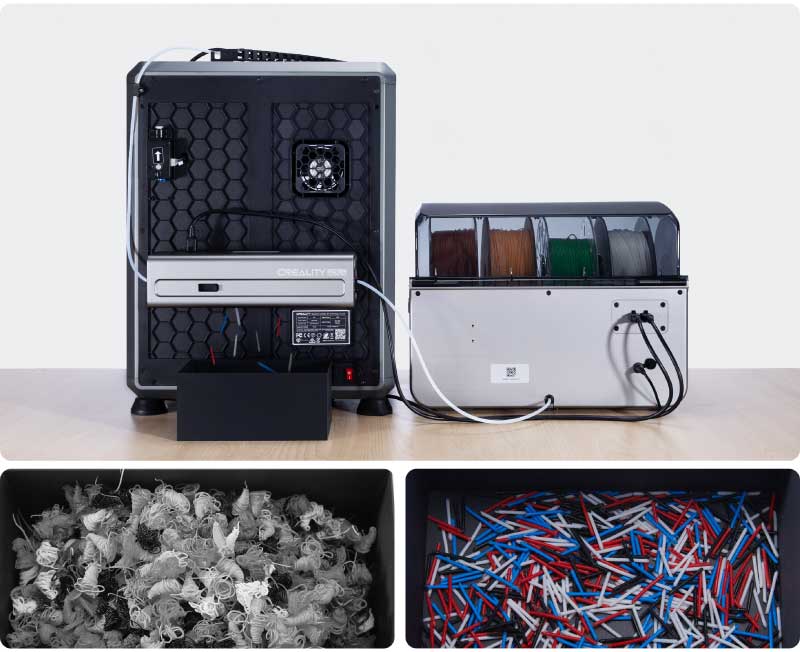 Smart filament management with RFID sensors and real-time filament runout detection, ensuring efficient and error-free multicolor 3D printing.
