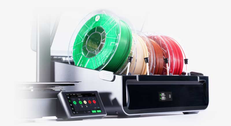 Smart filament management with RFID sensors and real-time filament runout detection, ensuring efficient and error-free multicolor 3D printing.