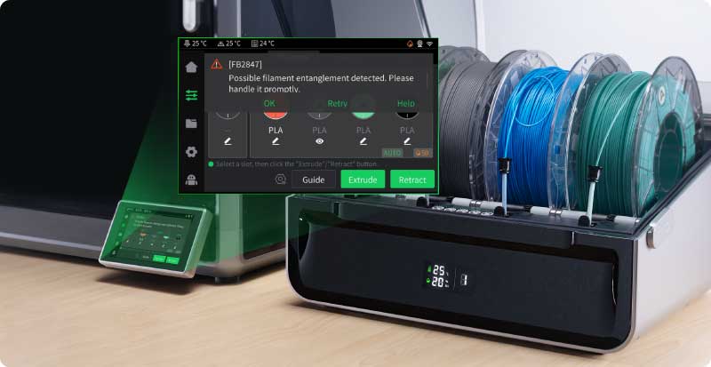 Moisture-resistant storage with desiccant and temperature monitoring in the CFS-C, protecting filaments and ensuring print quality.