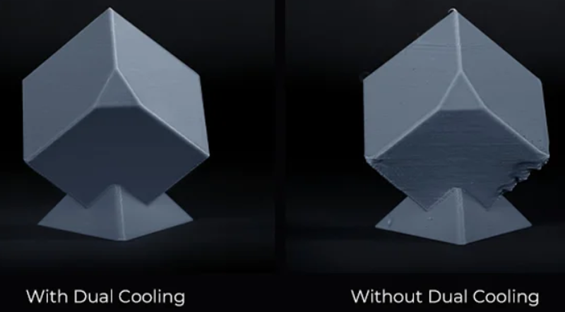 A part 3D printed with and without dual cooling