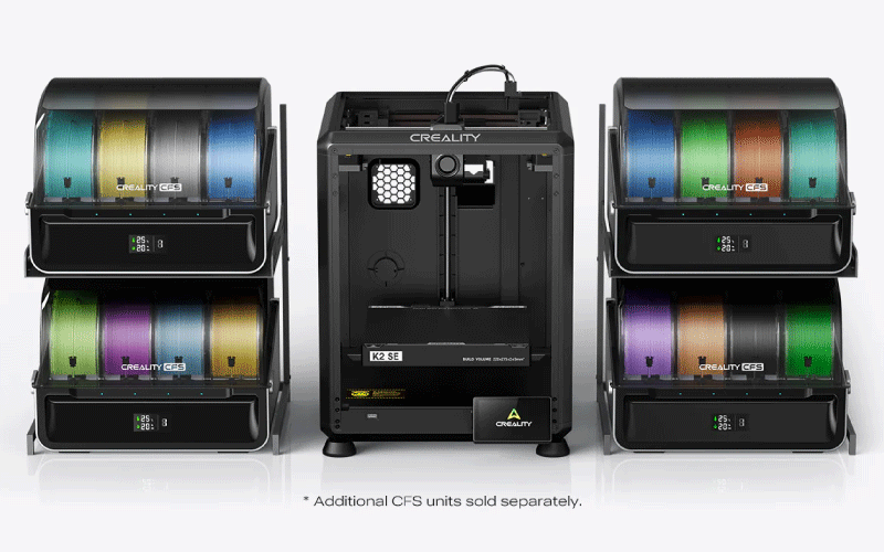 The Creality K2 SE enables multicolor and multi-material 3D printing up to 16 colors with a scalable CFS system (4 spools per unit). *Additional CFS units are sold separately.