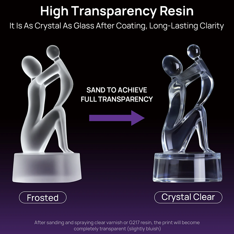 A Resina G217 ABS-like Resione de alta transparência permite transformar peças impressas em 3D com acabamento fosco em componentes totalmente transparentes tipo cristal através de lixagem e revestimento. A sua capacidade de alcançar uma clareza ótica duradoura posiciona-a como uma resina 3D transparente de alto desempenho, ideal para peças funcionais, modelos de precisão e aplicações onde a estética e a transparência absoluta são essenciais na impressão 3D profissional LCD e DLP.