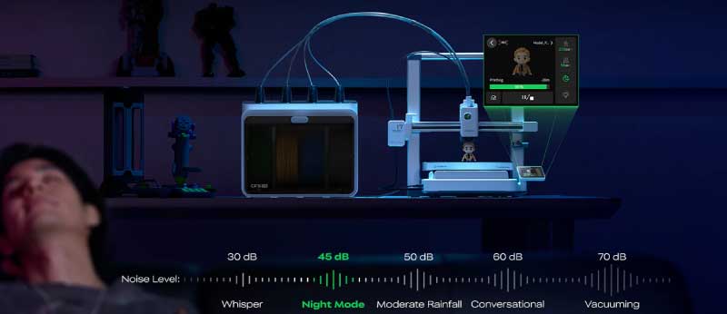Impressão ultra-silenciosa para a noite. A SPARK i7 imprime com ruído mínimo, permitindo ativar o Modo Noturno para trabalhar durante toda a noite sem barulho ou luzes acesas.
