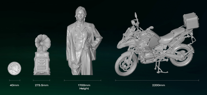 The Creality Sermoon P1 offers a wide field of view and complete industrial scanning range, capturing everything from small components to large-scale parts with precision and efficiency