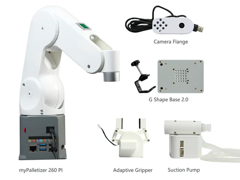 The myPalletizer 260 Pi robotic arm is compatible with various accessories