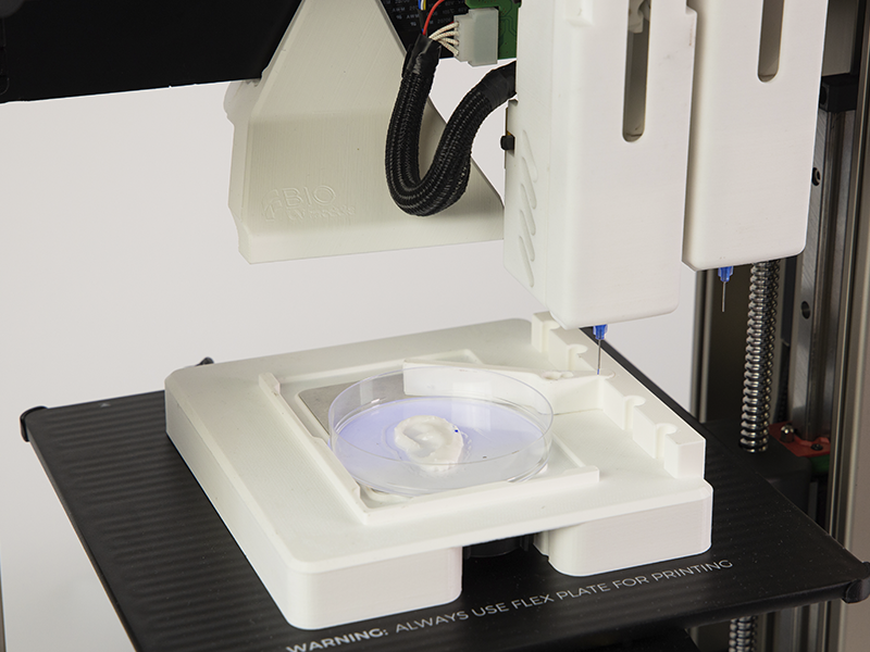 The printheads, build plate and UV module of the BIOprinter