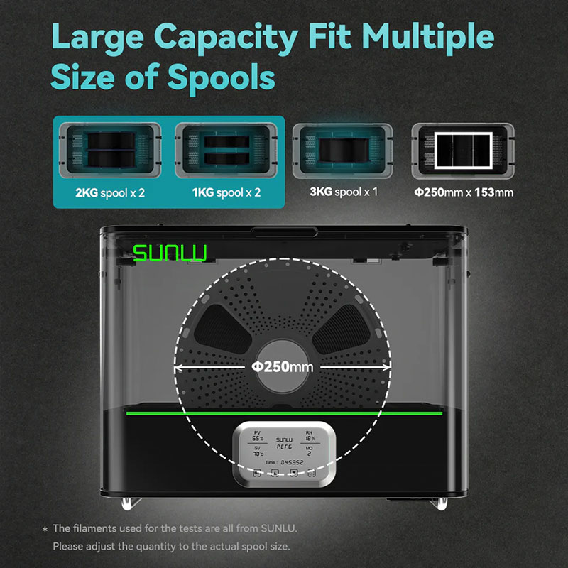 FilaDryer E2 also stands out for its large internal capacity, compatible with spools up to Ø250mm x 153mm