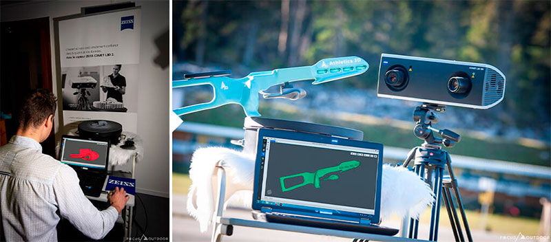 Processus de numérisation et de conception de la crosse d’une carabine de biathlon dans le projet développé par Athletics 3D, où la fabrication additive permet de créer des pièces entièrement adaptées aux besoins individuels de chaque athlète.