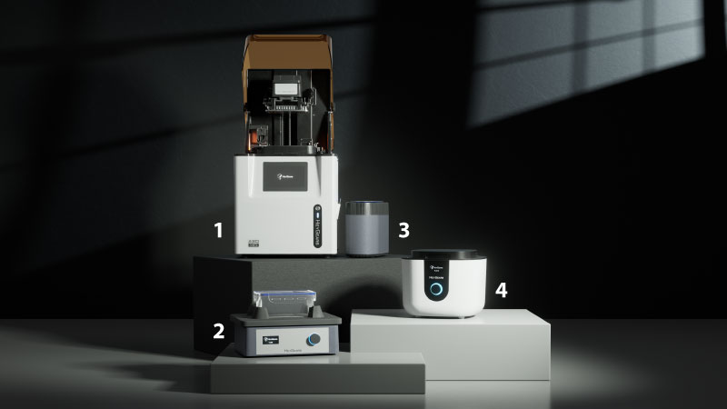The UltraCraft ecosystem includes the 3D printer A2D HD, the washing unit, the Pulse Release Module, and the AirCure post-curing unit.