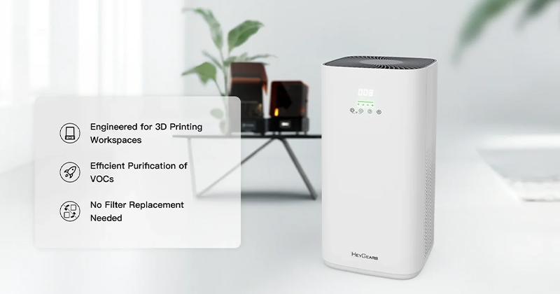 O purificador de ar Greenprint é projetado para espaços de trabalho de impressão 3D, oferecendo purificação eficiente de VOCs sem necessidade de troca de filtros.