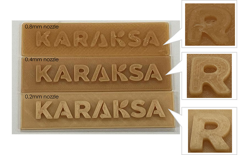 Comparativa de la resolución de detalle obtenida con diferente diámetros de boquilla en impresiones con Karaksa F.