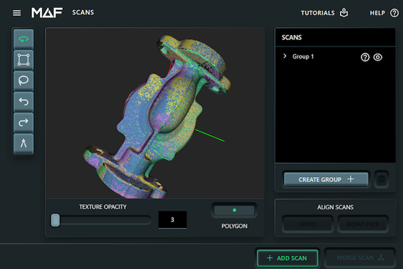 The THREE scannerperforms automatic alignment of partial scans into a final object