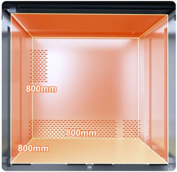 The Raptor 800 offers a large 800 × 800 × 800 mm print volume, ideal for producing large-format parts, industrial prototypes, and technical components in a single print.