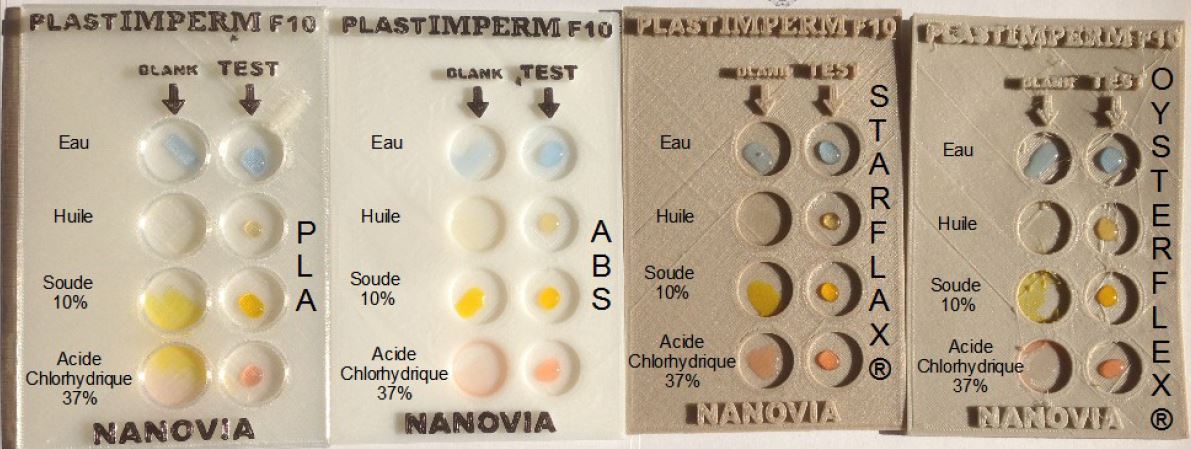 Teste no instante inicial de vários líquidos sobre placas de ensaio (PLA, ABS, Flexível TPU, Flexível TPE)