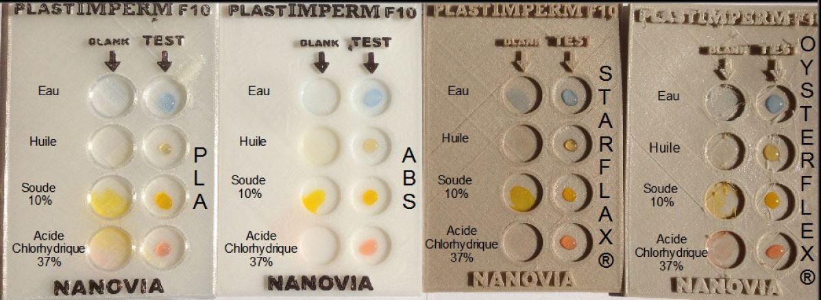 Test después de 1:30h de varios líquidos sobre probetas (PLA, ABS, Flexible TPU, Flexible TPE)