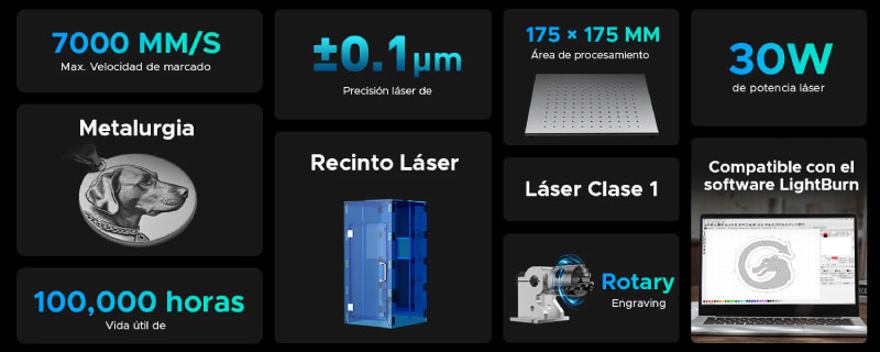 Caractéristiques de la graveuse laser à fibre pour métaux OMTech F-30.