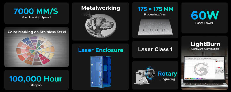 Caractéristiques de la graveuse laser à fibre pour gravure et marquage en couleur sur métaux OMTech M-60.