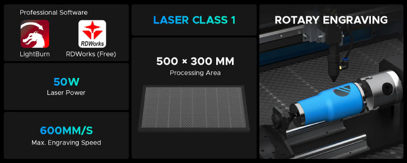 Caractéristiques de la découpeuse laser OMTech Turbo-535. Source : OMTech