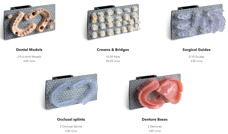 Lumii’s print times for various dental devices