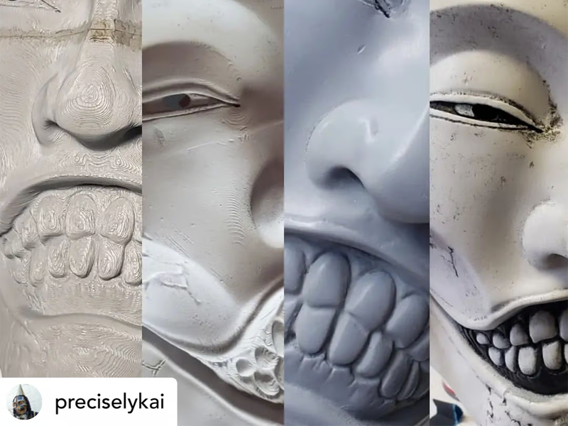 Différents niveaux de post-traitement sur un masque imprimé en 3D avec CosPLA