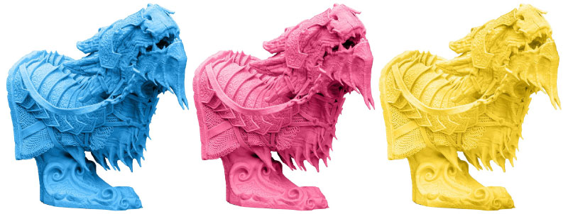 Modelli stampati con le resine Ciano, magenta e Giallo. Fonte: Prusa3D