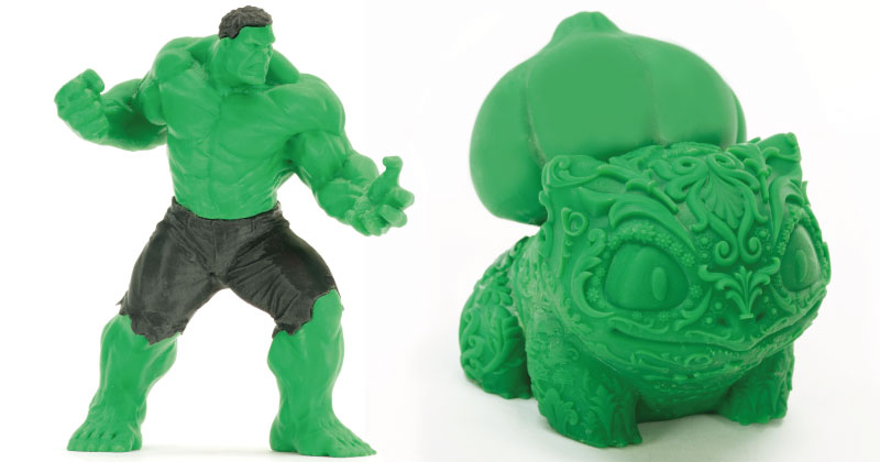 Pezzi stampati con la resina Verde Erba. Fonte: Prusa3D