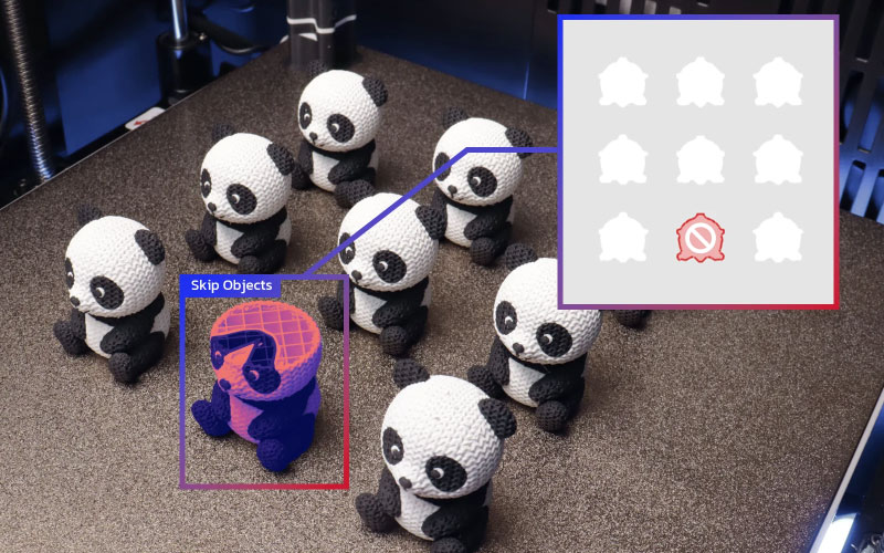 Mit der Funktion Smart Skip Objects kann ein fehlerhaftes Bauteil während eines Mehrfachdrucks direkt über die Benutzeroberfläche übersprungen werden, während die übrigen Teile ohne Unterbrechung weitergedruckt werden.