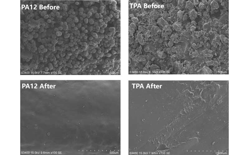 SEM microscope showing 3D part surface transformation after steam smoothing.