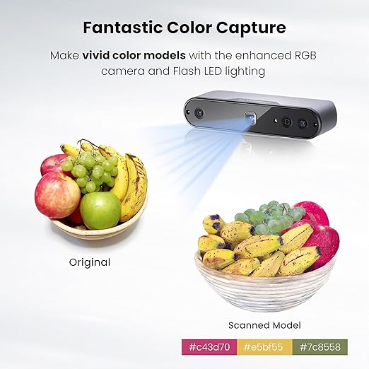 Le scanner portable INSPIRE garantit une fantastique capture des couleurs et réalise des modèles aux couleurs vives grâce à sa caméra RVB améliorée et à l'éclairage du flash LED.
