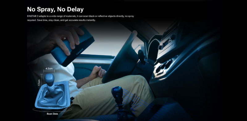 Lo scanner 3D EINSTAR 2 effettua scansioni affidabili su superfici scure e metalli riflettenti senza l’uso di spray.