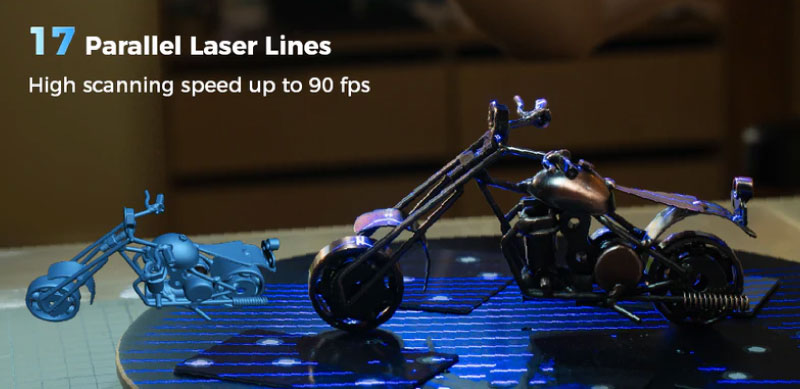 Lo scanner 3D EINSTAR 2 utilizza 17 linee laser parallele per una scansione rapida e precisa fino a 90 fps.