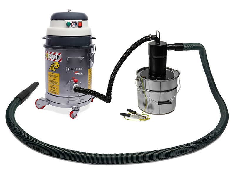 The Sinterit cyclone powder separator connected to the ATEX Vacuum Cleaner