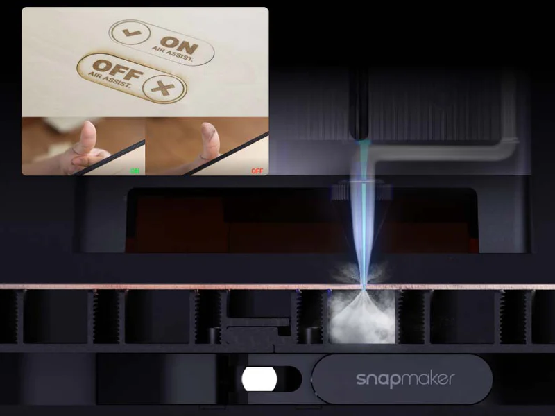 The Snapmaker Air Assist feature prevents charring
