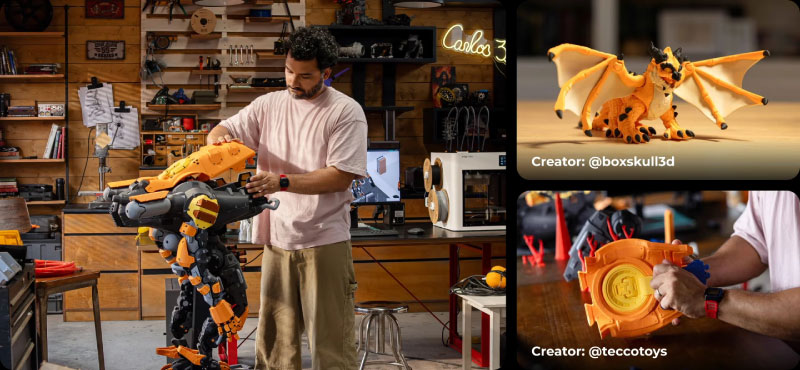 Mit dem Snapmaker U1 lassen sich verschiedenste Objekte drucken, wie Spielzeuge, Modellfiguren oder Designobjekte.