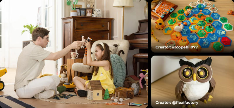 Mit dem Snapmaker U1 lassen sich verschiedenste Objekte drucken, wie Spielzeuge, Modellfiguren oder Designobjekte.