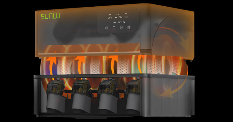 En modo humedad (rH mode), la temperatura por defecto es 55 °C (ajustable), funciona durante 6 h y regula automáticamente la humedad entre el 25 % y 50 %, reiniciando el calentado cuando supera el umbral configurado.