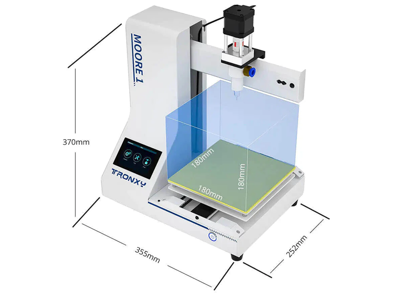 The dimensions and build volume of the Moore 1 3D printer