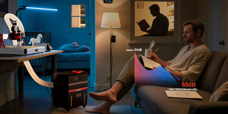 L'aspiratore CNC di TwoTrees è progettato per ridurre il rumore ambientale e massimizzare il comfort.