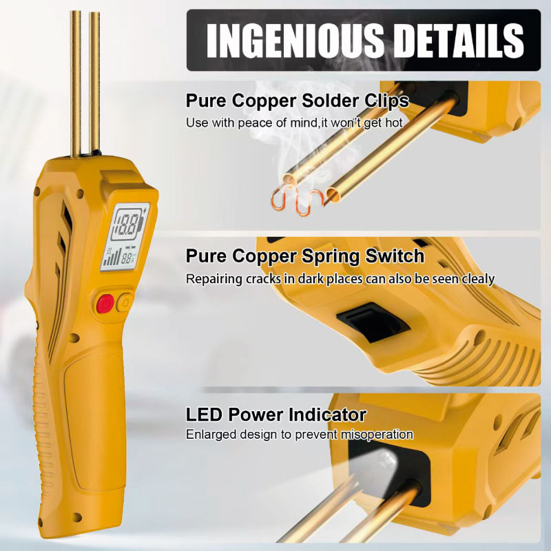 Soldador de plástico com agrafos de cobre puro, interruptor de mola de cobre e indicador LED de funcionamento para realizar reparações precisas e seguras.