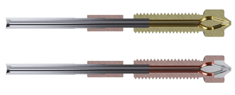 The Unicorn nozzle in brass (top) and ObXidian (bottom) versions