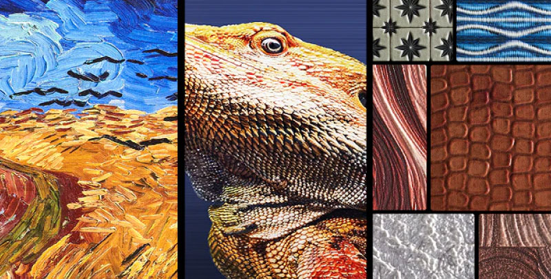 A impressora UV E1 é surpreendente na simulação de texturas. Permite criar impressões tridimensionais simulando pinceladas, pele de animais, entre outras.
