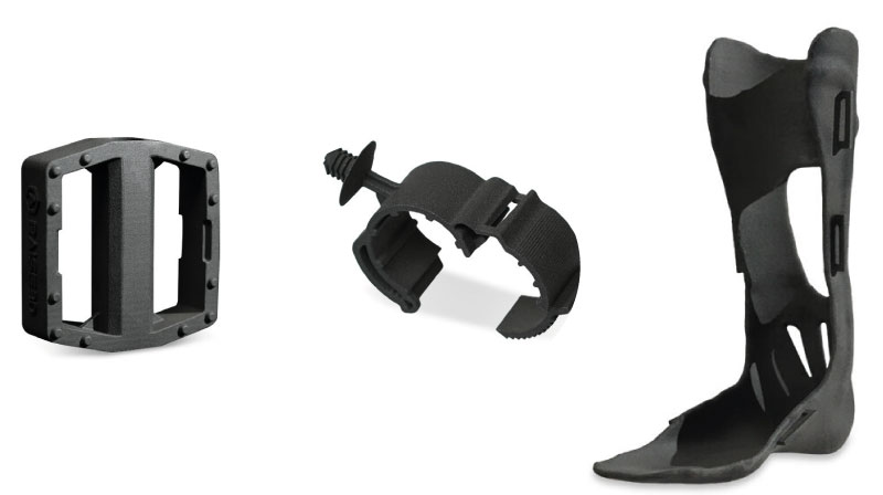 Pièces de différentes tailles et usages imprimées avec poudre SLS PA11.
