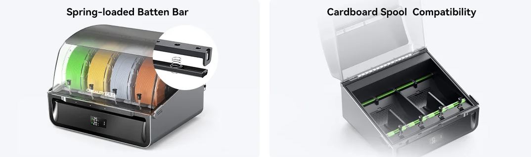 Das Creality CFS System verhindert, dass das Filament während des Drucks aus dem Loch springt, und schützt die Materialien durch feuchtigkeitsbeständige Lagerung mit Trockenmitteln und hermetische Versiegelung.