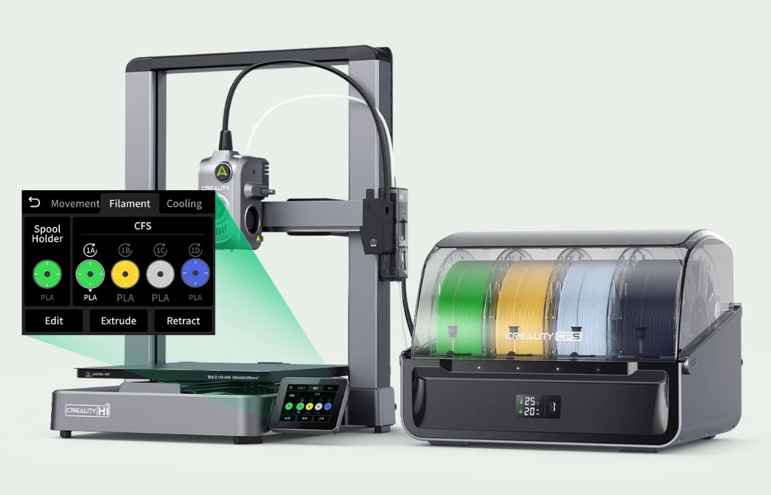 The Creality Hi Combo is a package that includes the Creality Hi printer and the CFS×4 system, enabling multicolor printing in up to 16 colors for advanced creative projects.